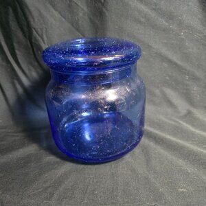 Vintage Blue Bubbled Glass Jar With Lid For Storage & Display